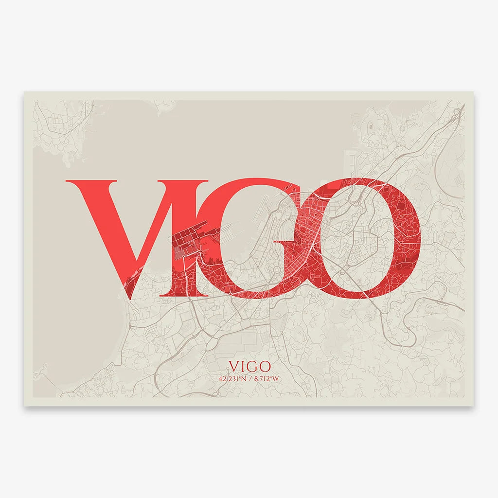 Decorative map of Vigo composed with letters in serif font printed on red and an off-white background