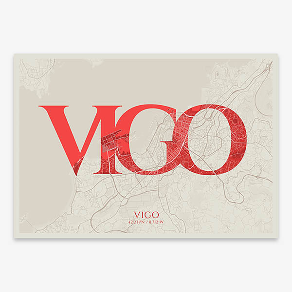 Decorative map of Vigo composed with letters in serif font printed on red and an off-white background