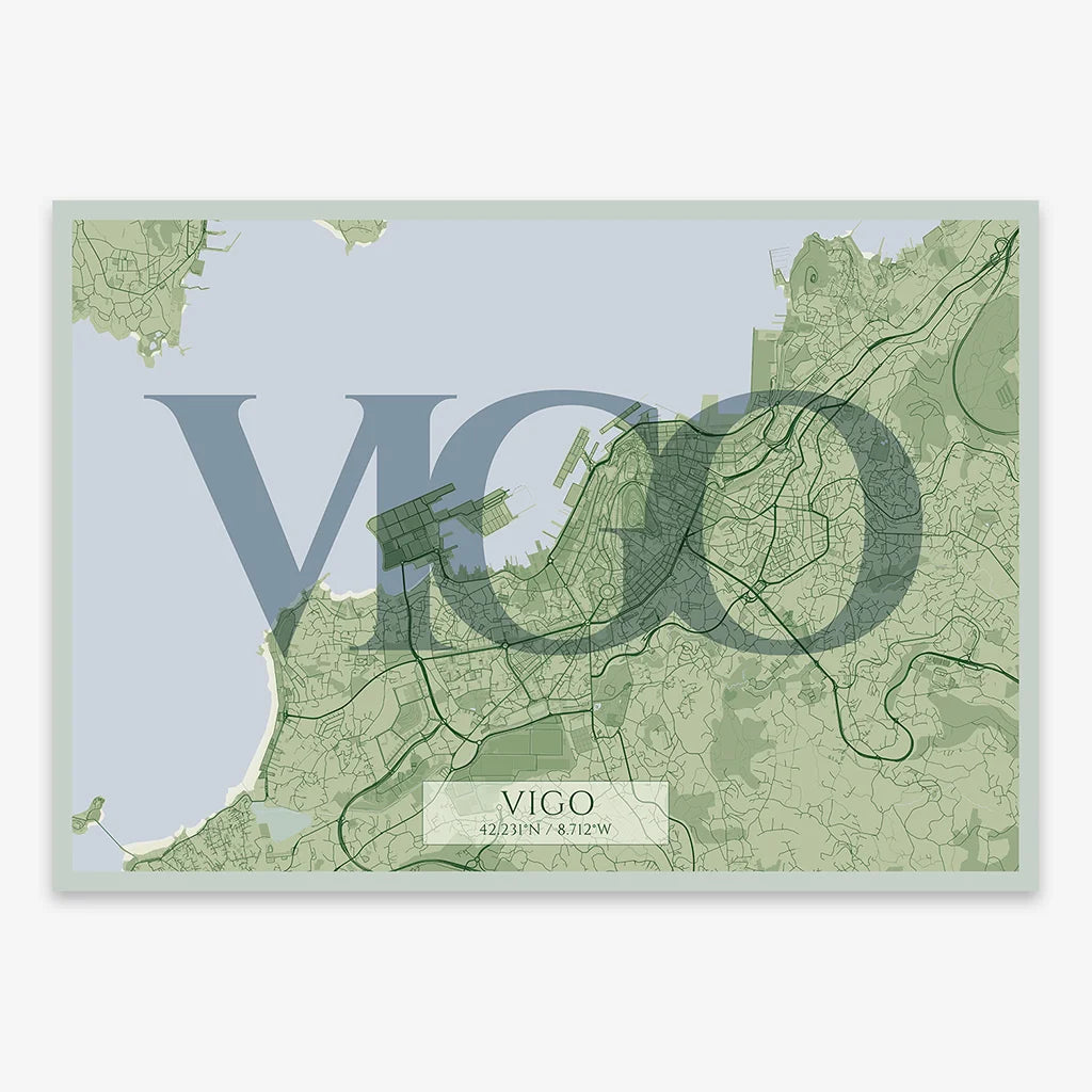 Decorative map of Vigo composed with letters in serif font printed on two green tones