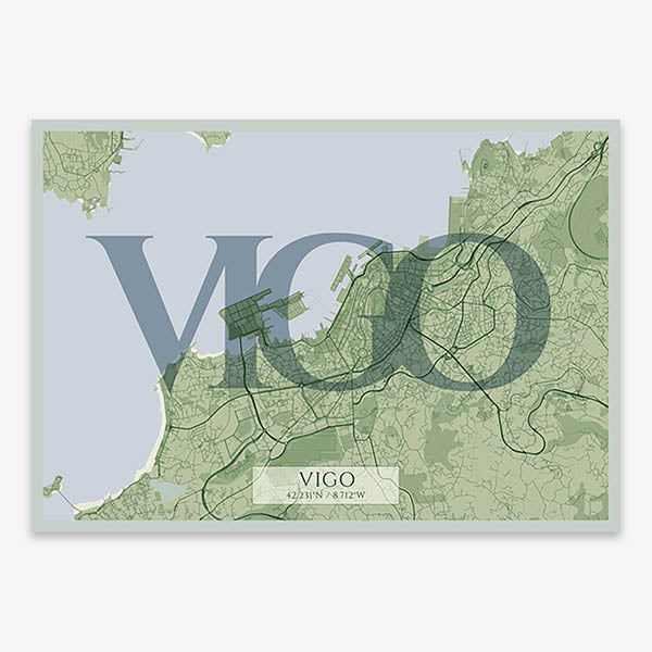 Decorative map of Vigo composed with letters in serif font printed on two green tones