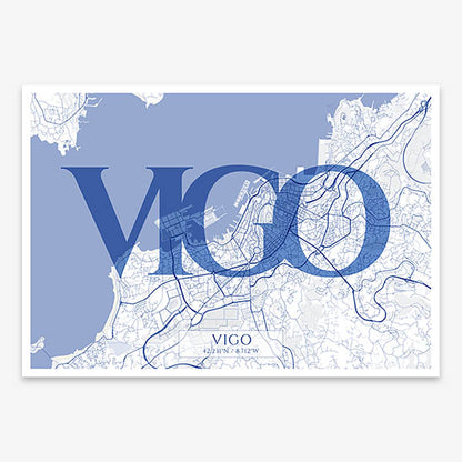 Decorative map of Vigo composed with letters in serif font printed on navy blue and white