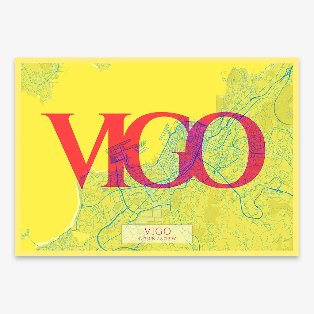 Decorative map of Vigo composed with letters in serif font printed on yellow and fuchsia