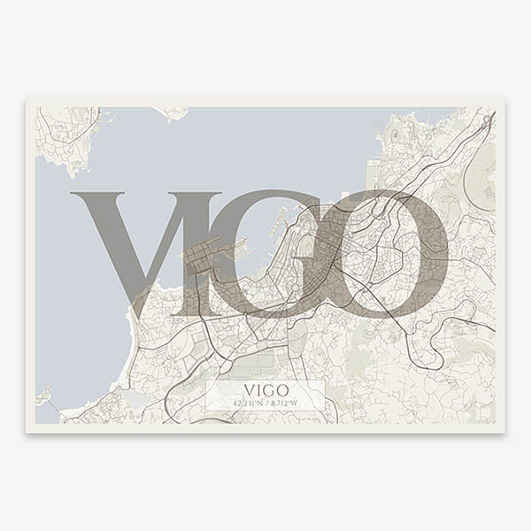 Decorative map of Vigo composed with letters in serif font printed on light brown and an off-white background