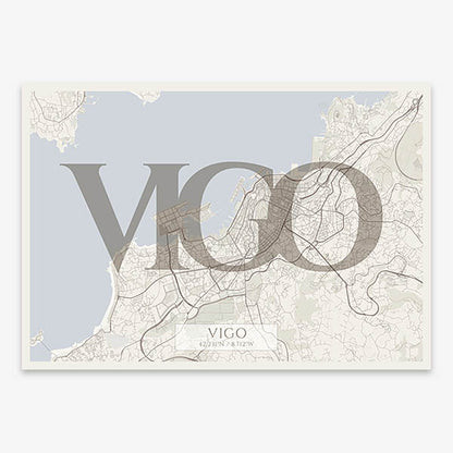 Decorative map of Vigo composed with letters in serif font printed on light brown and an off-white background