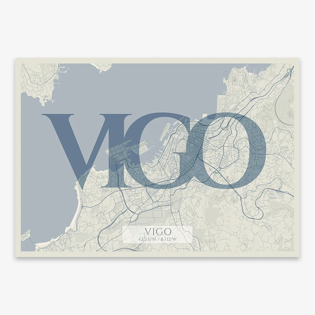 Decorative map of Vigo composed with letters in serif font printed on bluish gray and an off-white background
