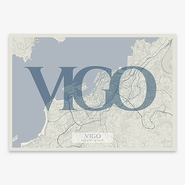 Decorative map of Vigo composed with letters in serif font printed on bluish gray and an off-white background