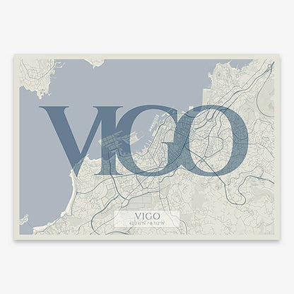 Decorative map of Vigo composed with letters in serif font printed on bluish gray and an off-white background