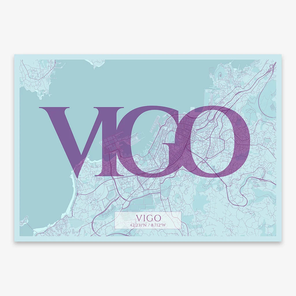 Decorative map of Vigo composed with letters in serif font printed on purple and light blue