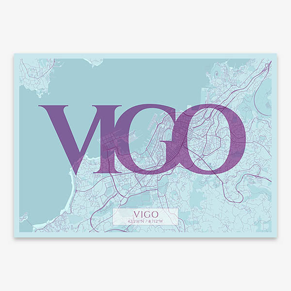 Decorative map of Vigo composed with letters in serif font printed on purple and light blue