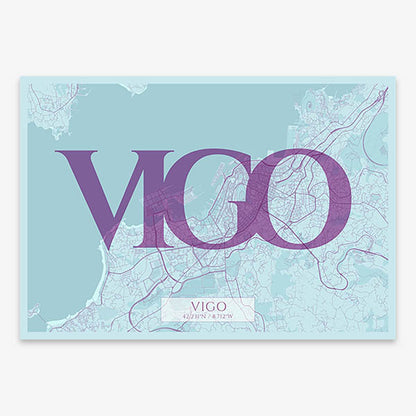 Decorative map of Vigo composed with letters in serif font printed on purple and light blue