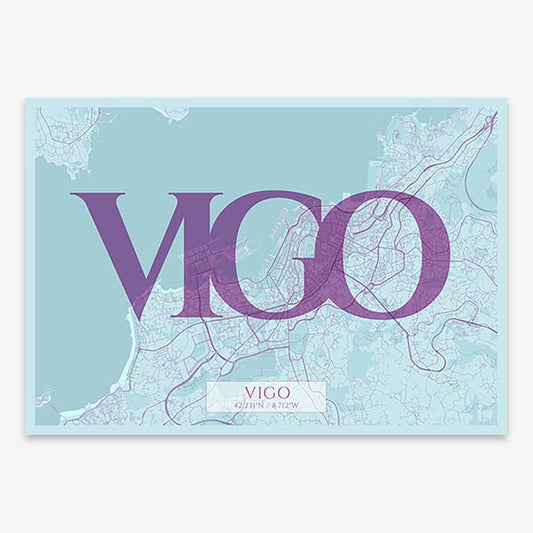 Decorative map of Vigo composed with letters in serif font printed on purple and light blue