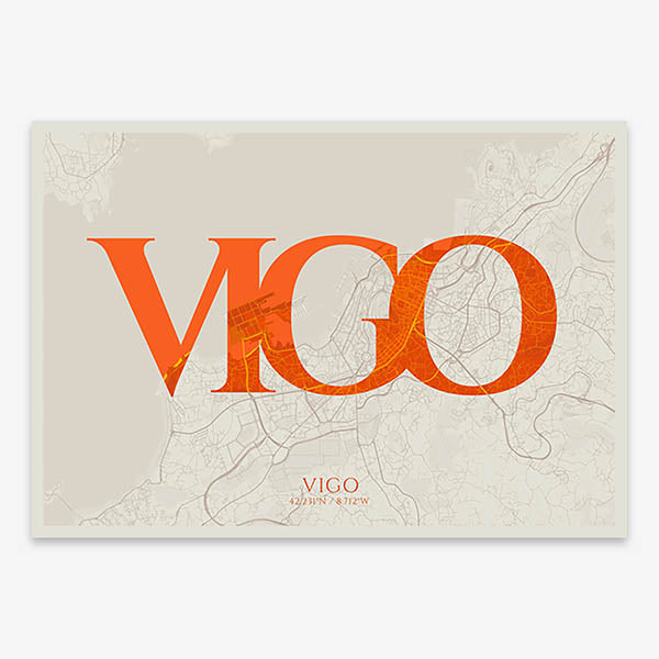 Decorative map of Vigo composed with letters in serif font printed on orange and an off-white background