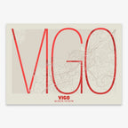 Poster of Vigo composed with letters in extra light font printed on red and an off-white background