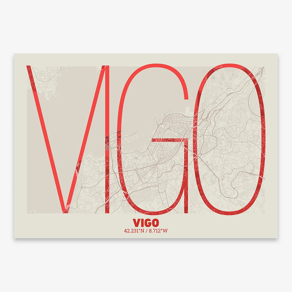 Poster of Vigo composed with letters in extra light font printed on red and an off-white background