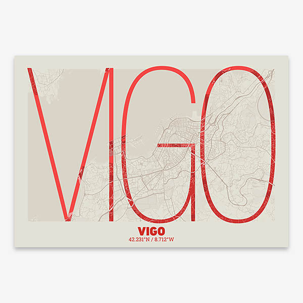 Poster of Vigo composed with letters in extra light font printed on red and an off-white background