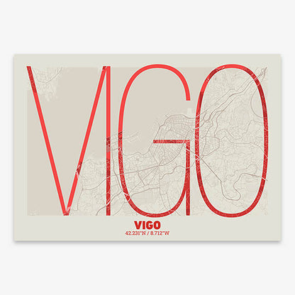 Poster of Vigo composed with letters in extra light font printed on red and an off-white background