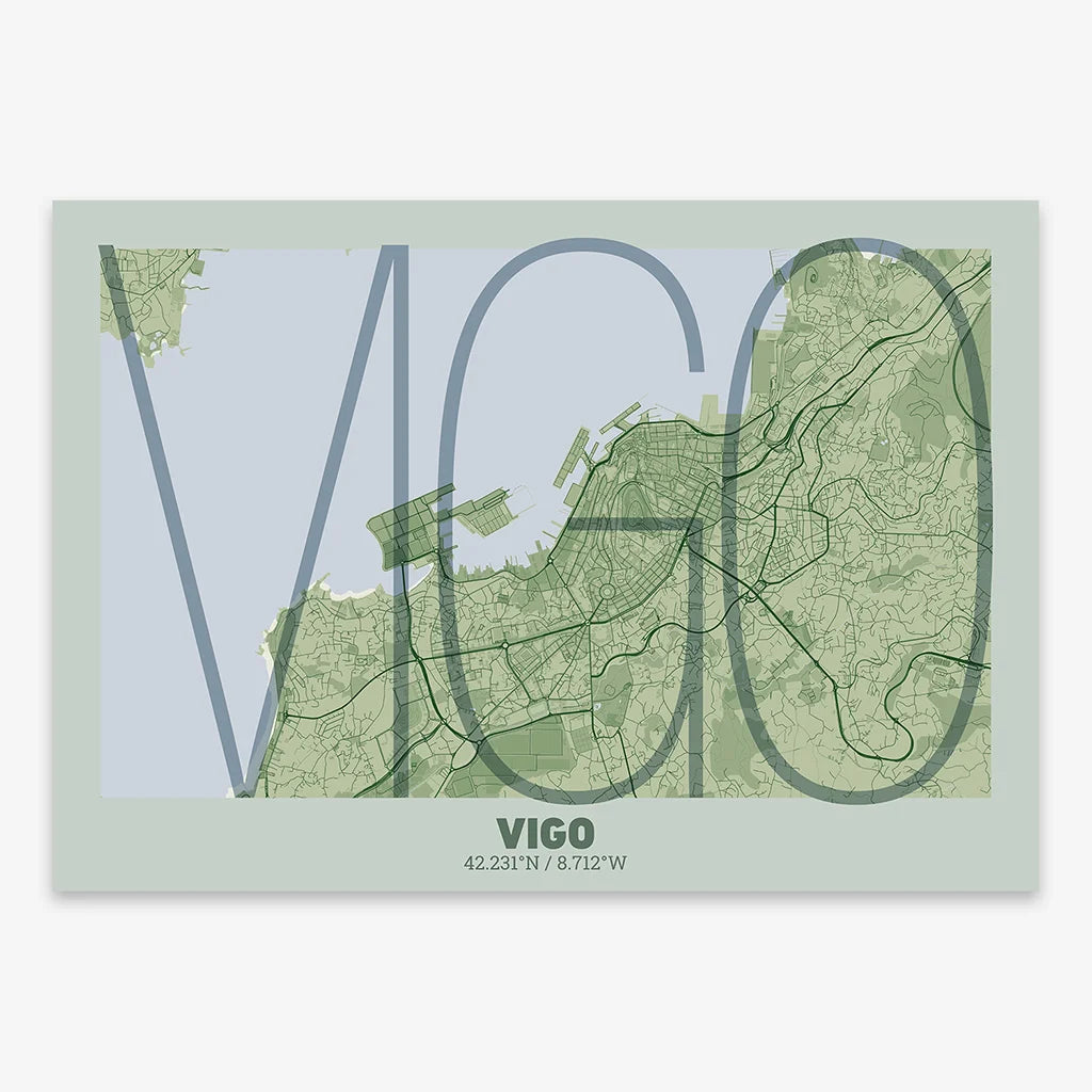 Poster of Vigo composed with letters in extra light font printed on two green tones