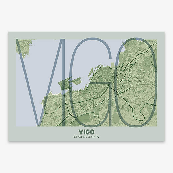 Poster of Vigo composed with letters in extra light font printed on two green tones