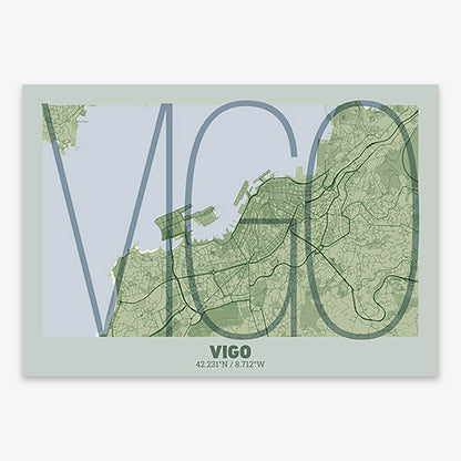 Poster of Vigo composed with letters in extra light font printed on two green tones