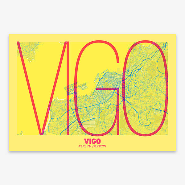 Poster of Vigo composed with letters in extra light font printed on yellow and fuchsia