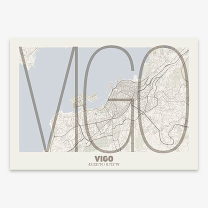 Poster of Vigo composed with letters in extra light font printed on light brown and an off-white background