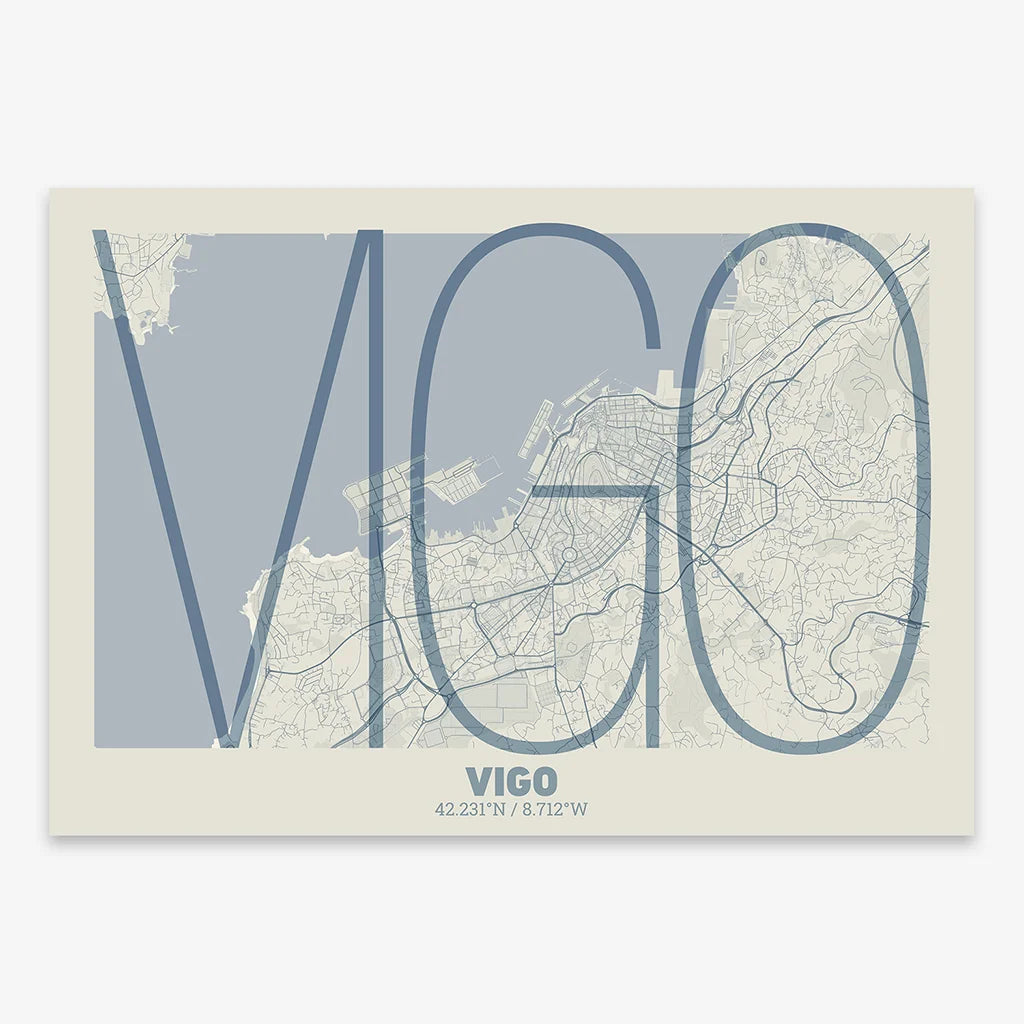 Poster of Vigo composed with letters in extra light font printed on bluish gray and an off-white background