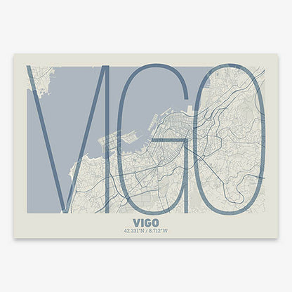 Poster of Vigo composed with letters in extra light font printed on bluish gray and an off-white background