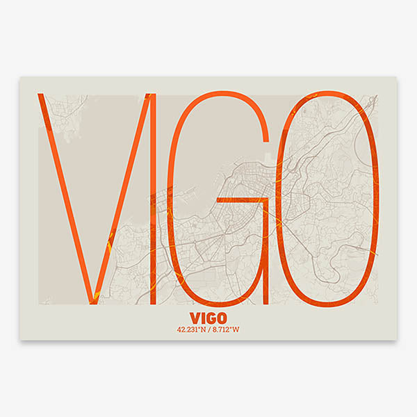 Poster of Vigo composed with letters in extra light font printed on orange and an off-white background