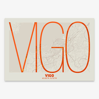 Poster of Vigo composed with letters in extra light font printed on orange and an off-white background