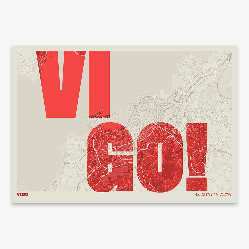 Decorative print of Vigo with letters of its name placed randomly, designed in red and an off-white background