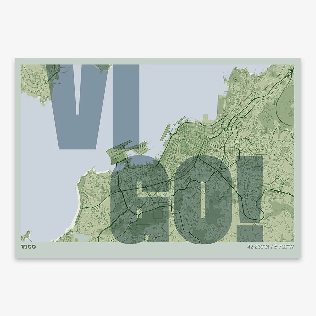 Decorative print of Vigo with letters of its name placed randomly, designed in two green tones