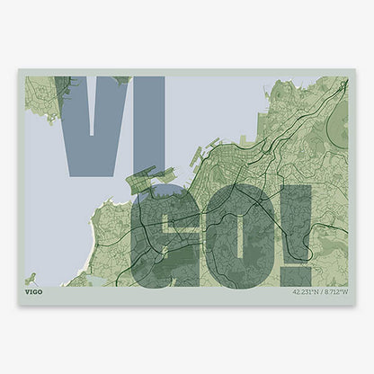Decorative print of Vigo with letters of its name placed randomly, designed in two green tones