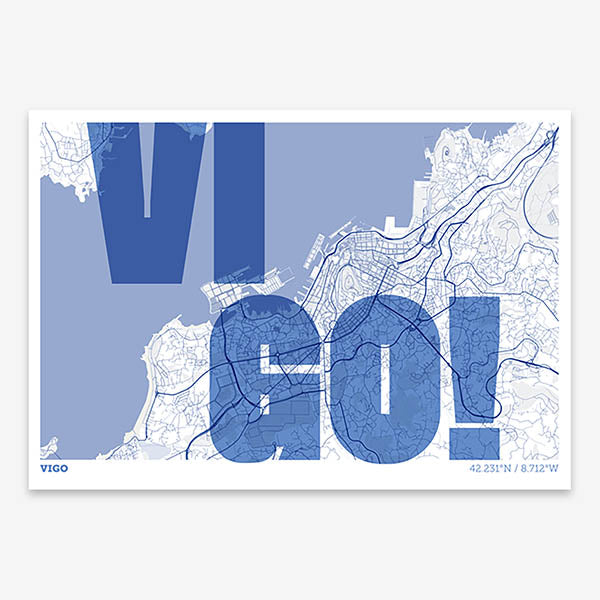Decorative print of Vigo with letters of its name placed randomly, designed in navy blue and white
