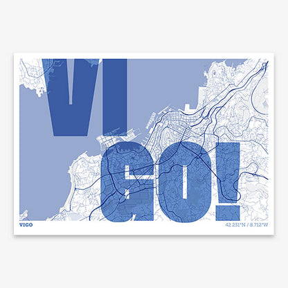 Decorative print of Vigo with letters of its name placed randomly, designed in navy blue and white