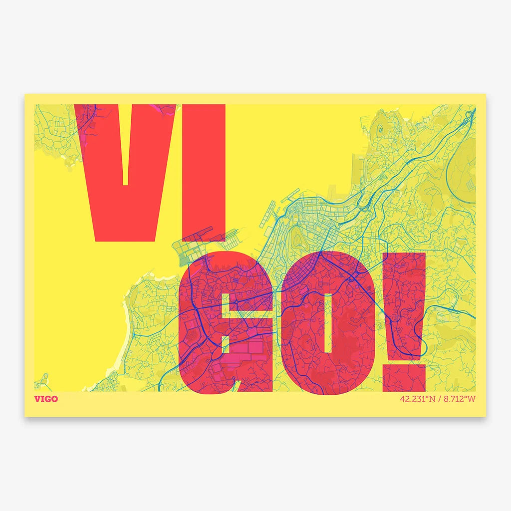 Decorative print of Vigo with letters of its name placed randomly, designed in yellow and fuchsia