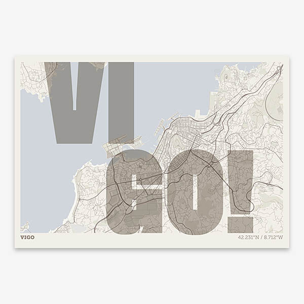 Decorative print of Vigo with letters of its name placed randomly, designed in light brown and an off-white background