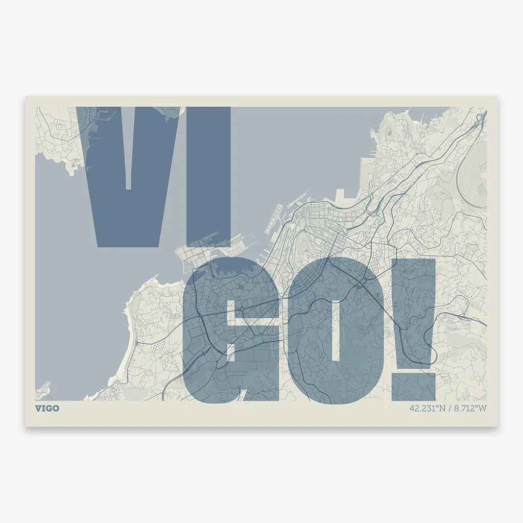 Decorative print of Vigo with letters of its name placed randomly, designed in bluish gray and an off-white background