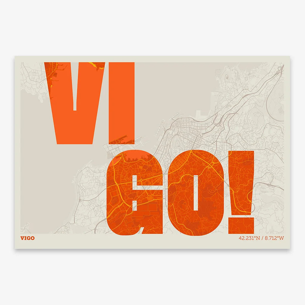 Decorative print of Vigo with letters of its name placed randomly, designed in orange and an off-white background
