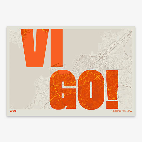 Decorative print of Vigo with letters of its name placed randomly, designed in orange and an off-white background