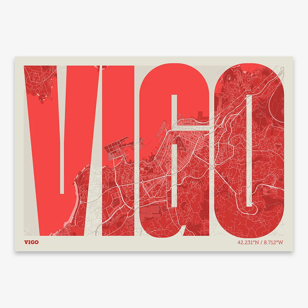 Decorative map of Vigo and letters of its name in a giclée print designed in red and an off-white background