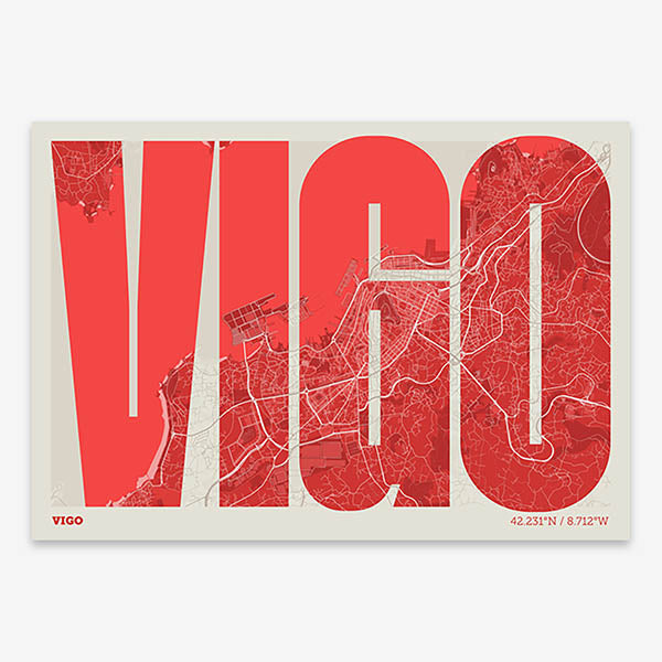 Decorative map of Vigo and letters of its name in a giclée print designed in red and an off-white background