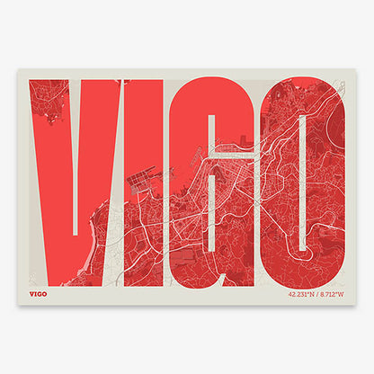 Decorative map of Vigo and letters of its name in a giclée print designed in red and an off-white background