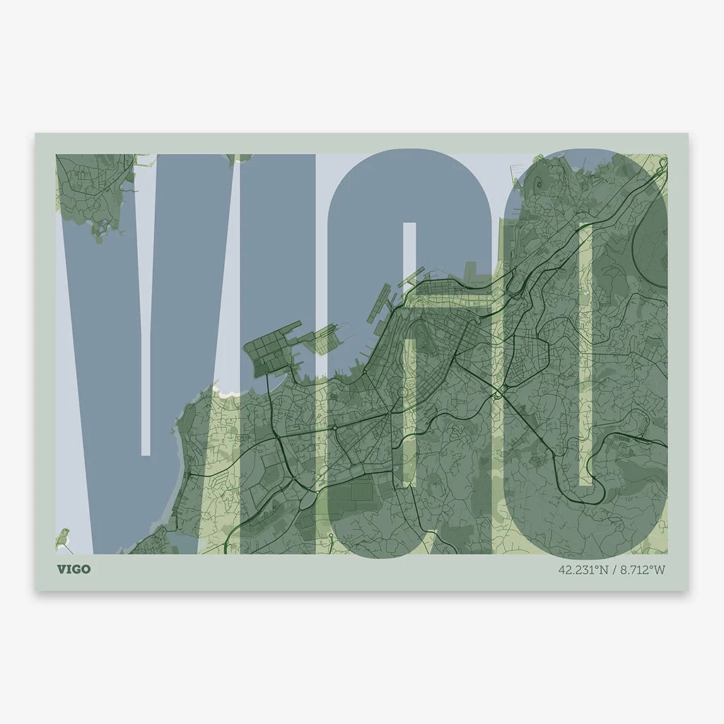Decorative map of Vigo and letters of its name in a giclée print designed in two green tones