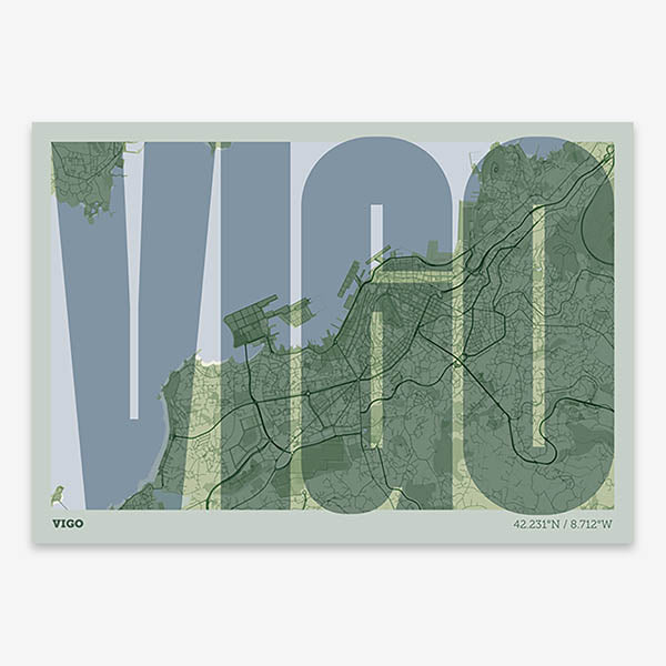Decorative map of Vigo and letters of its name in a giclée print designed in two green tones