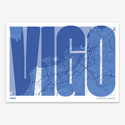 Decorative map of Vigo and letters of its name in a giclée print designed in navy blue and white