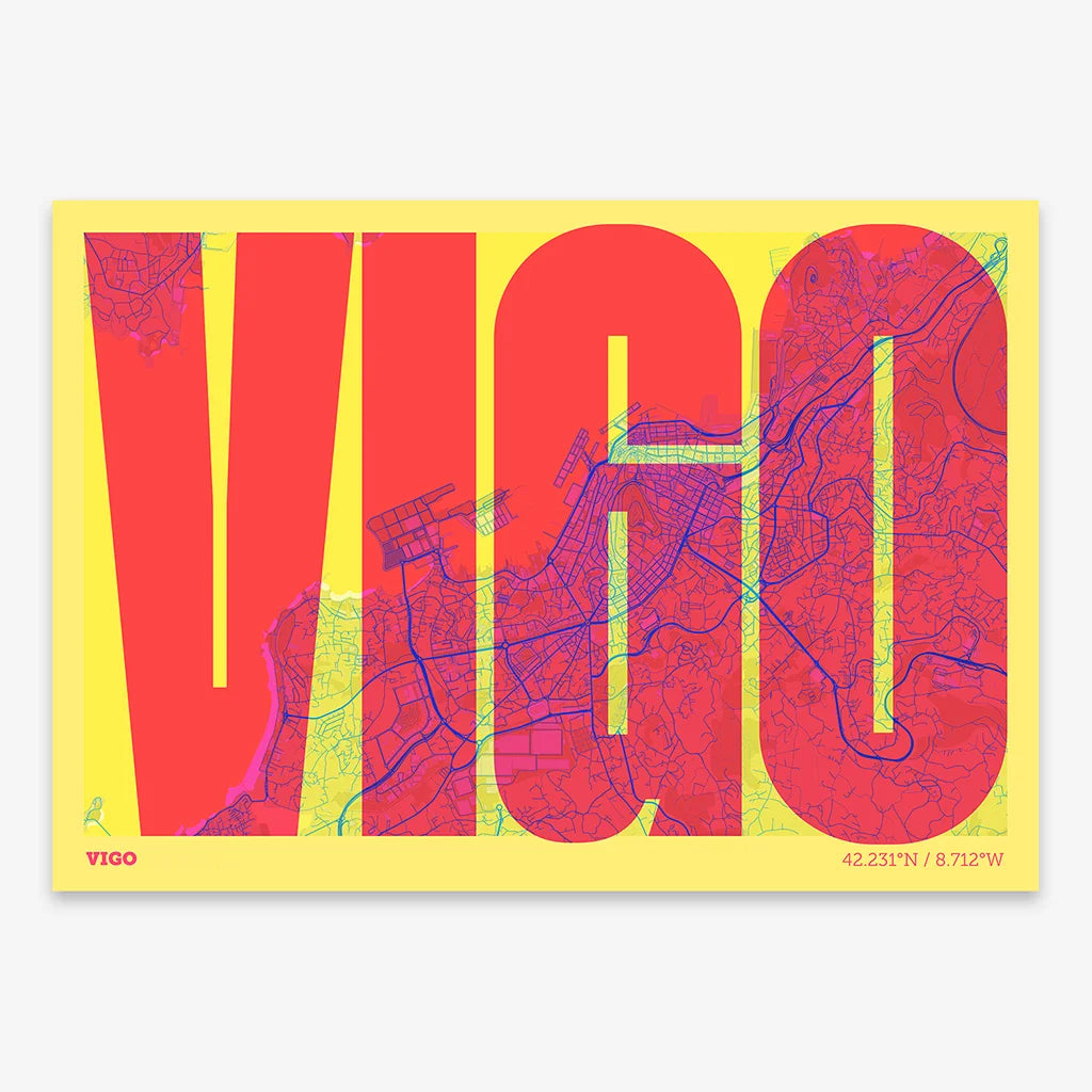 Decorative map of Vigo and letters of its name in a giclée print designed in yellow and fuchsia