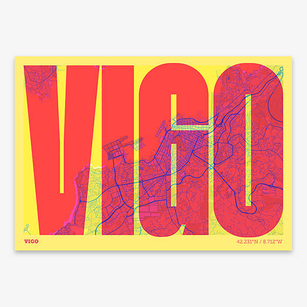 Decorative map of Vigo and letters of its name in a giclée print designed in yellow and fuchsia