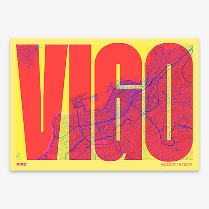 Decorative map of Vigo and letters of its name in a giclée print designed in yellow and fuchsia