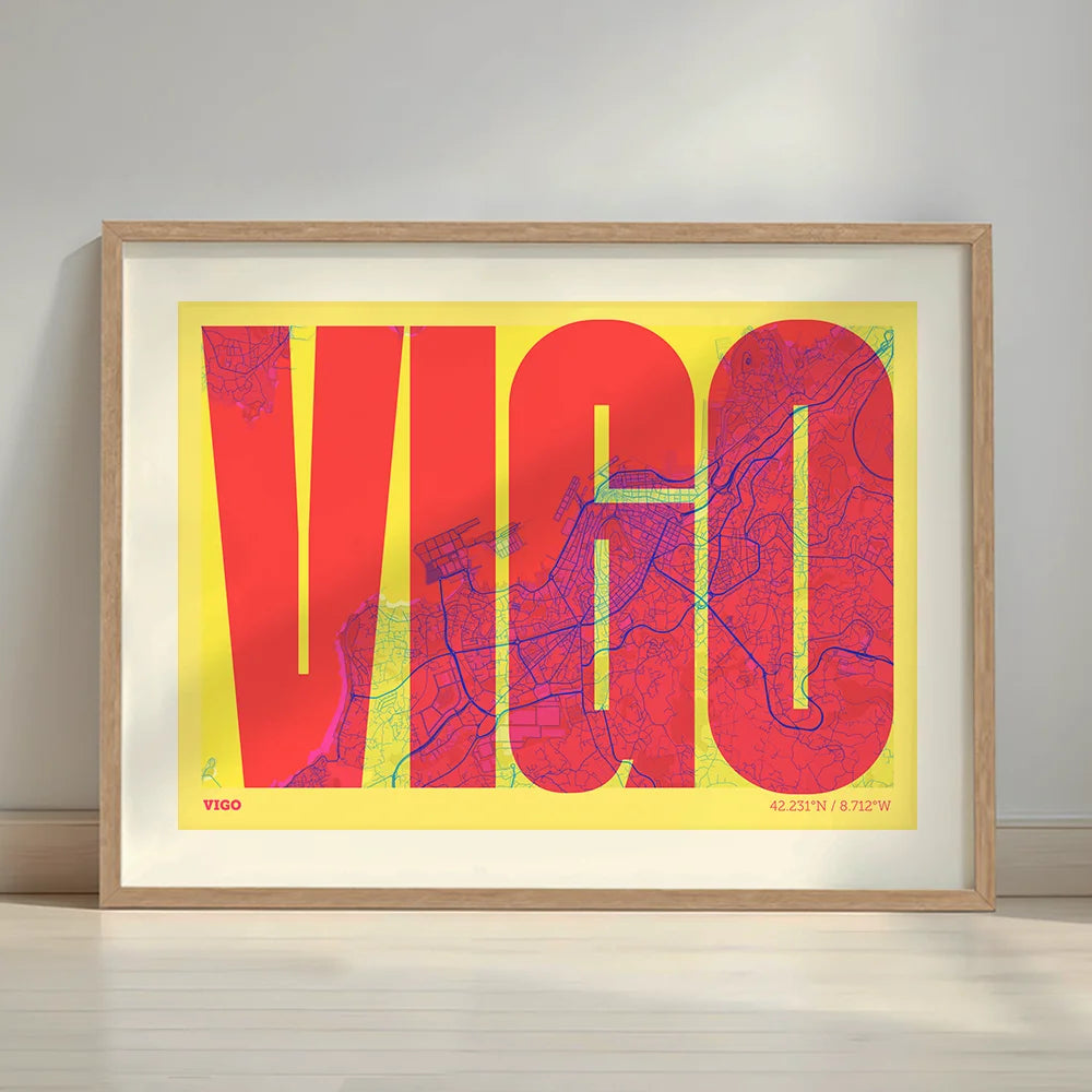 Framed Vigo in Extra Compressed design, where the letters are tightly squeezed to fit the city's map shape designed in yellow and fuchsia with a white margin border in a warm lit minimalist setting
