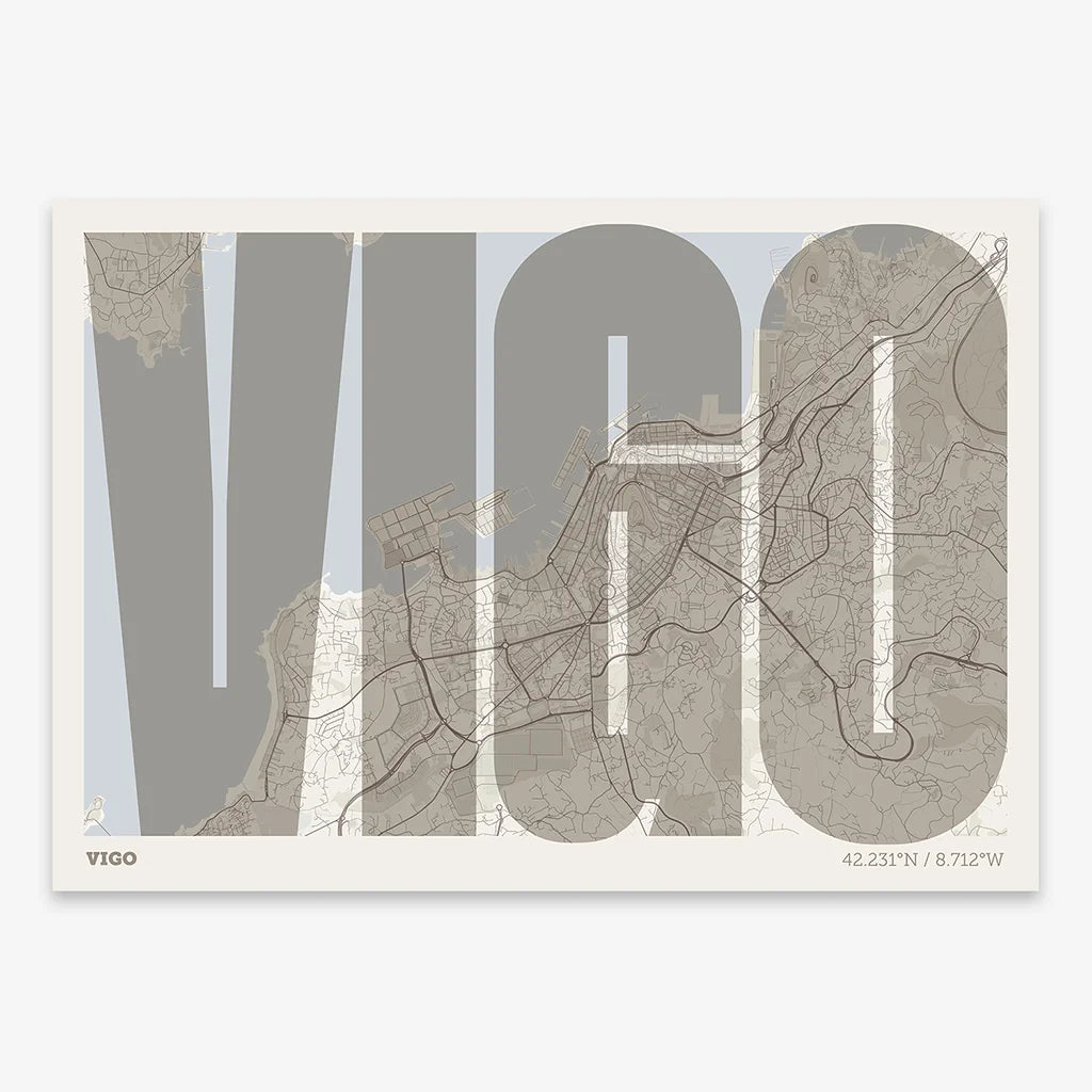 Decorative map of Vigo and letters of its name in a giclée print designed in light brown and an off-white background